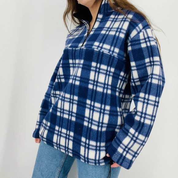 vintage granola girl blue plaid campfire pullover quarter zip fleece sweatshirt - Picture 3 of 7